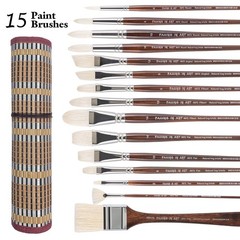 Natural Bristle Paintbrush Set Long Handle Fan Round Flat Filbert 15 PCS
