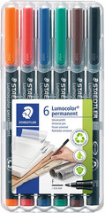 Lumocolor Universal Pen, Fine, Felt Tip, Permanent Marker, Box of 6 Assorted Col