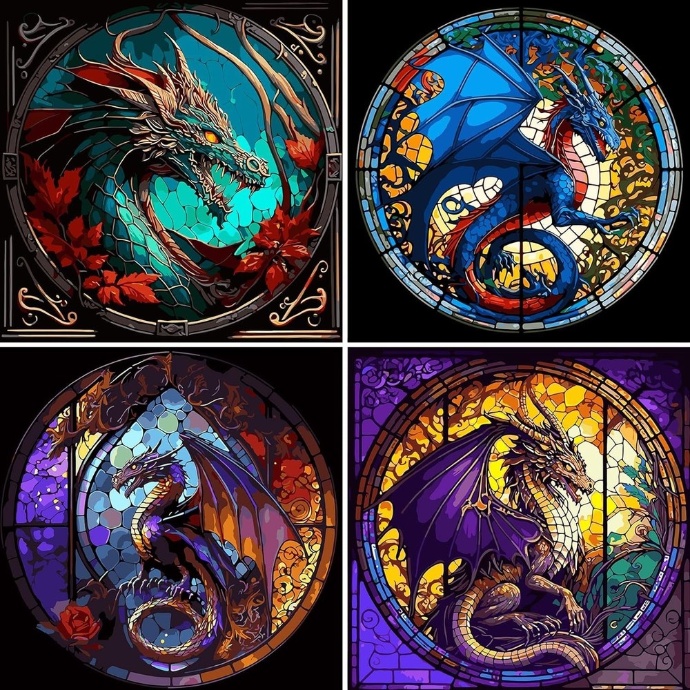 4 Packs Paint by Number for Adults, Animal 16x16in Frameless, 4 PCS Dragon