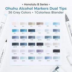 Ohuhu Alcohol Markers Brush Tip 36 Grayscale Colors w/ 1 Blender – Fine & Brush