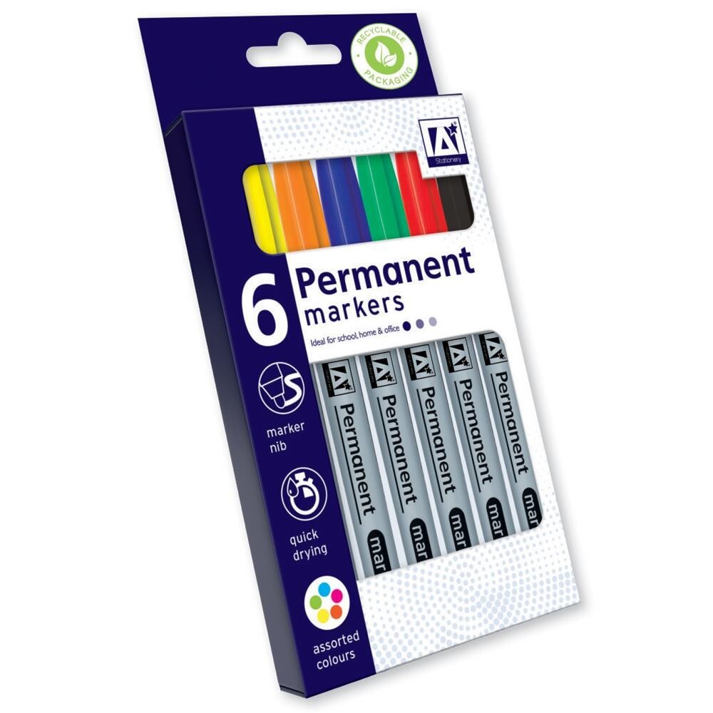 6 Pack Permanent Marker Pens Assorted Multi Colour bullet Point Tip