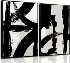 Black and White Brush Stroke Wall Art Modern Abstract Minimalist Ink Line Painti