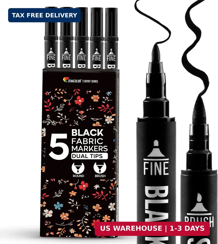 Zenacolor 5 Dual-Tip Black Fabric Markers Permanent for Clothes – Fabric Paint P