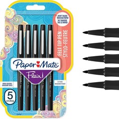 Quick-Drying Flair Felt Tip Pens | 0.7mm No-Bleed Black Writing Pens, Set of 5