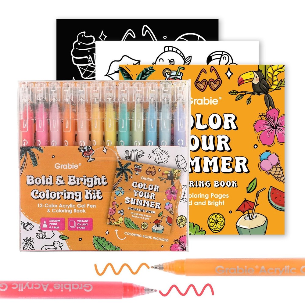Grabie Coloring Kit, Acrylic Gel Pens Set with Book, Summer Colors