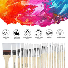 24 Pc Paint Brush Set With Canvas Case Wooden Handles For Acrylic Oil Watercolor