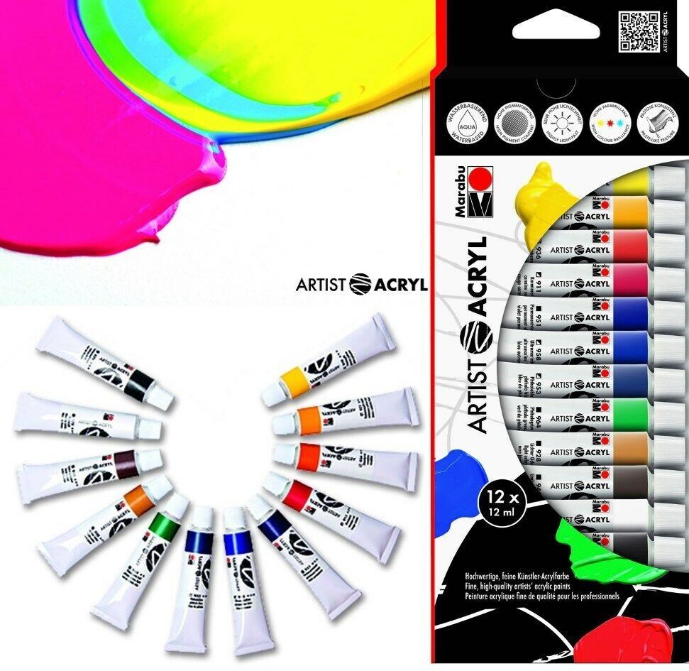 MARABU 12 Brilliant Colours x 12ml Artists ACRYLIC Paint Tubes Set Art Painting