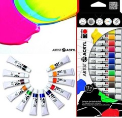 MARABU 12 Brilliant Colours x 12ml Artists ACRYLIC Paint Tubes Set Art Painting