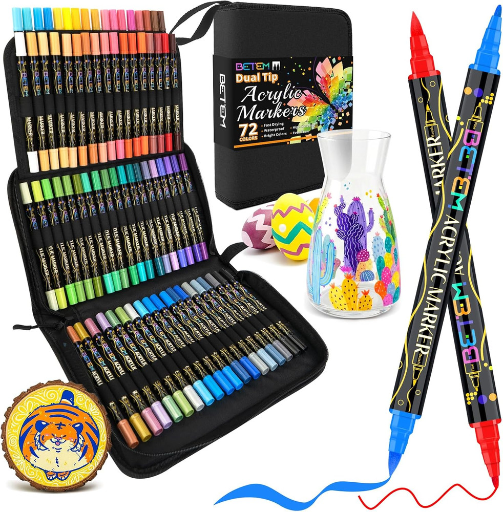 Dual Tip Acrylic Paint Pens, 72 Colors Paint Markers for Glass, Window, Fabric,
