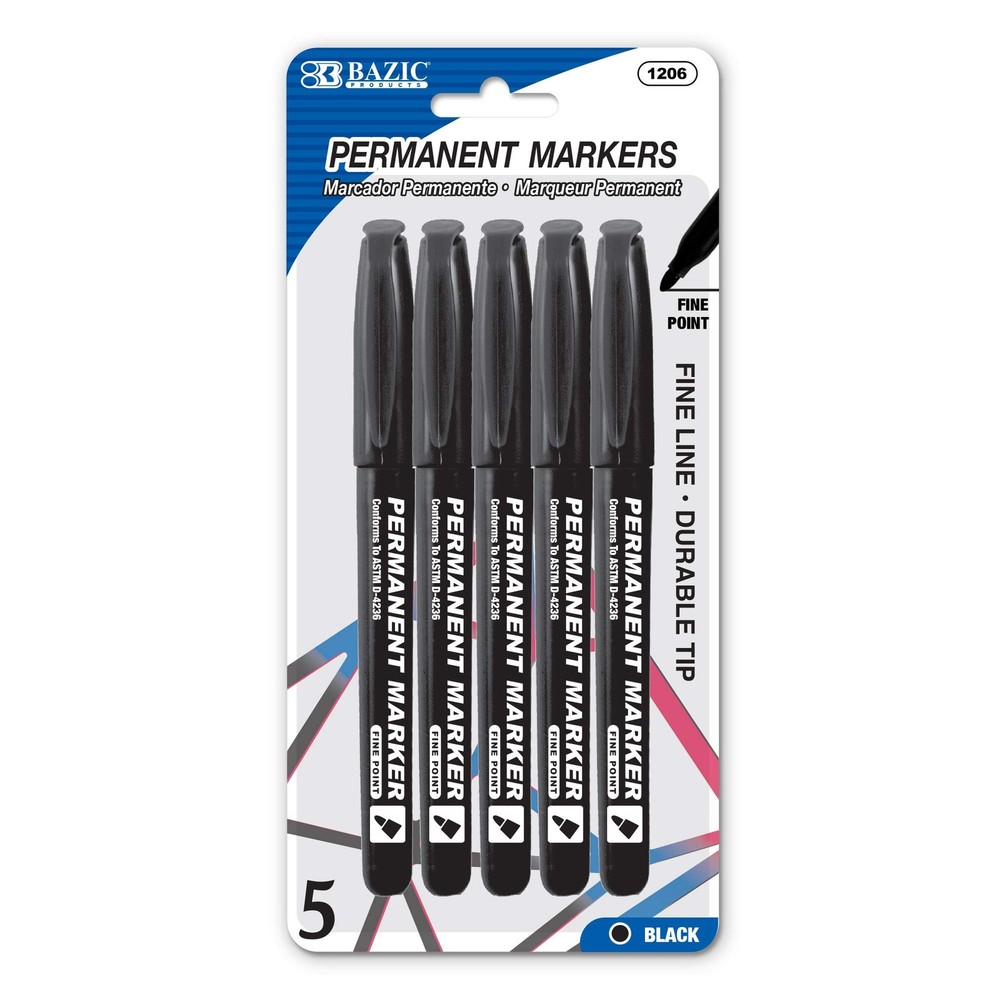 BAZIC Black Fine Tip Permanent Markers w/ Pocket 5 Count (Pack of 1),