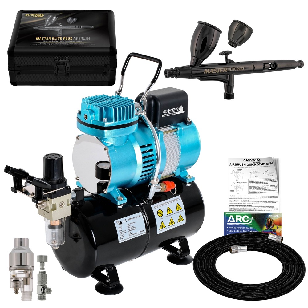 Cool Runner II Air Compressor with Tank Kit, Master Elite Plus Airbrush Set