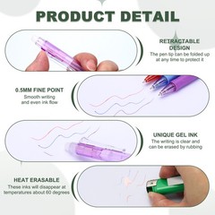6Pcs 0.5mm Fine Point Retractable Erasable Gel Pens Comfortable Grip, Black