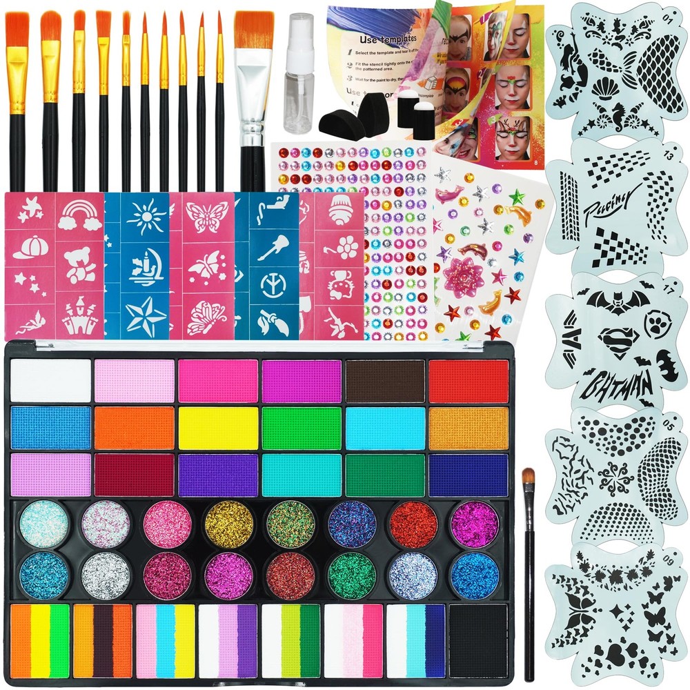 42 Color Face Painting Kit Water Activated Non Toxic with Stencils Brushes Set