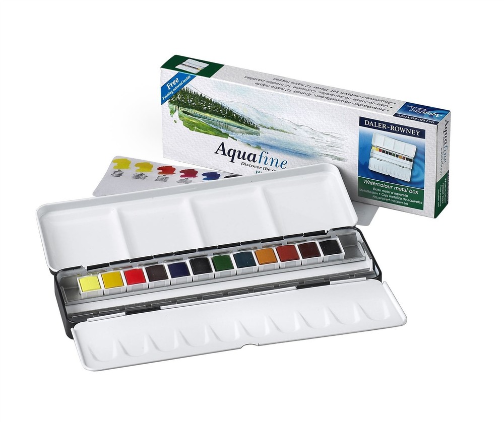 Daler Rowney Aquafine Watercolour Paint 12 Half Pan Metal Box Set