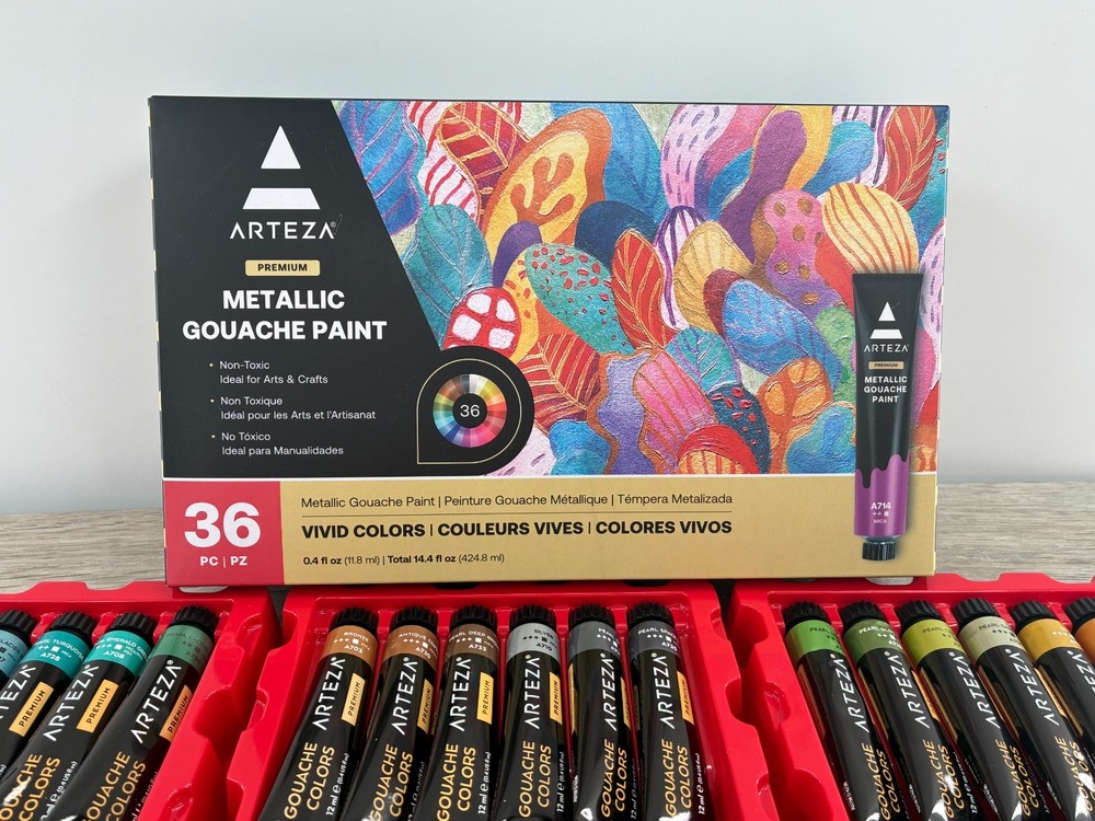 Arteza Metallic Gouache Paint 12ml Tubes Set of 36 Vivid Colors Premium Box Set