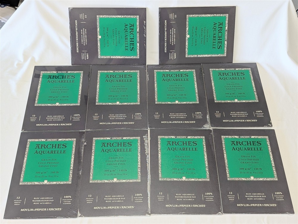 Lot of 10 Arches Aquarelle Watercolor Pads 9×12 Cold Press 140lb 100% Cotton New