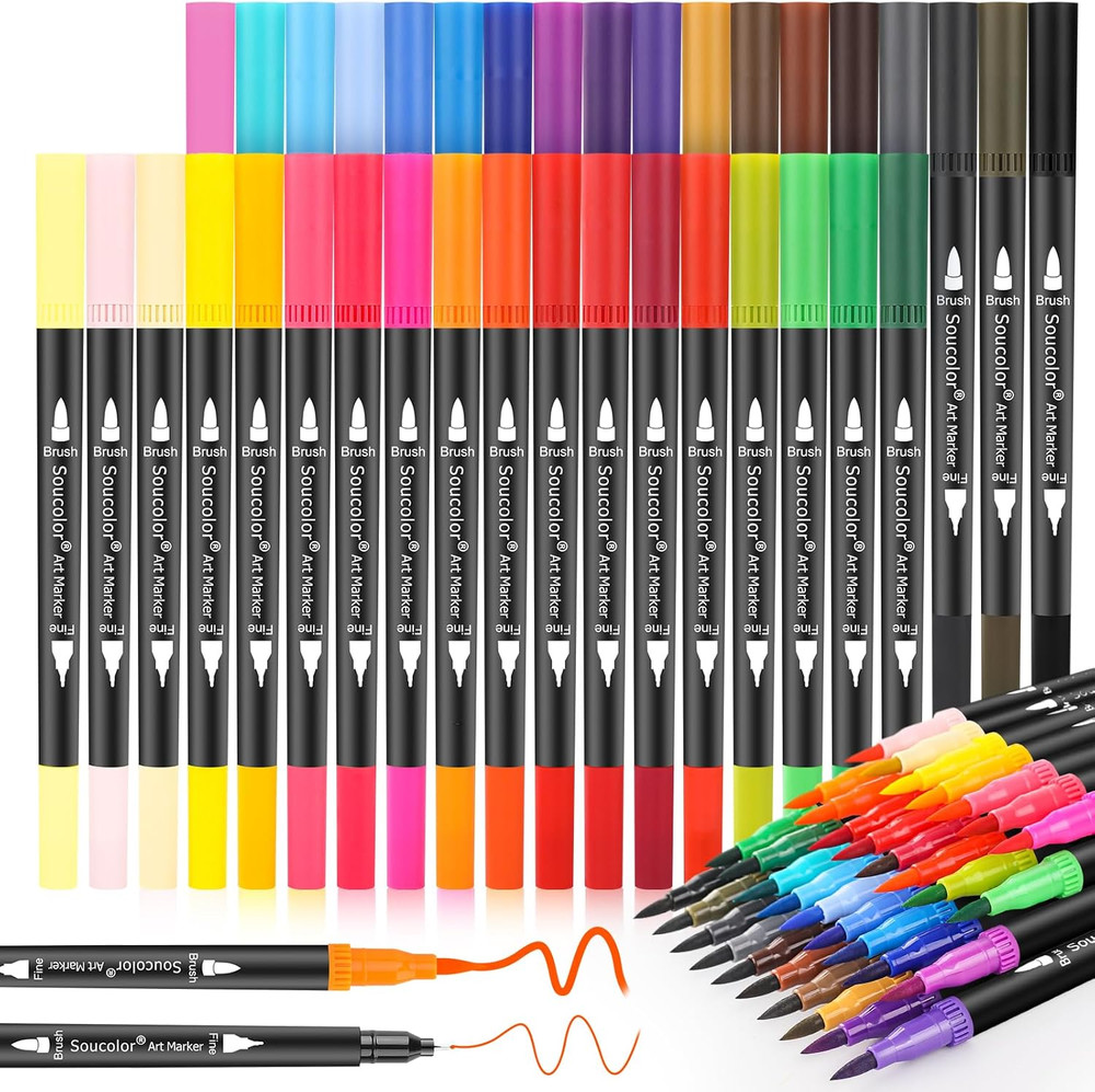 Soucolor Art Brush Markers Pens for Adult Coloring Books, 36 Colors Numbered Dua