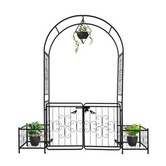7.2ft Black Iron Garden Arch with Arched Top and Gate Metal Arbor Trellis