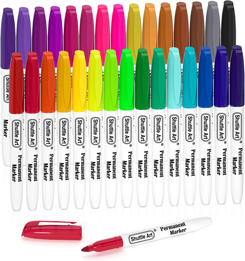 Shuttle Art 30 Colors Permanent Markers, Fine Point, Assorted Colors, Works on P