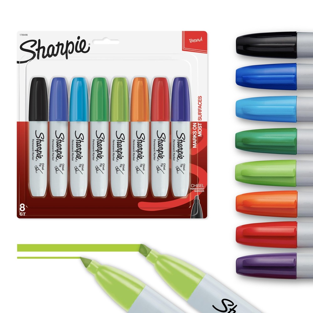 Sharpie Permanent Chisel Tip 1 Count (Pack of 8), Colors may vary