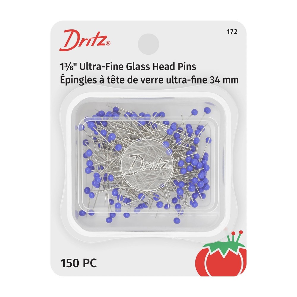 Glass Head Pins Ultra Fine 1-3/8 Inch 150 Count Blue Dritz 172