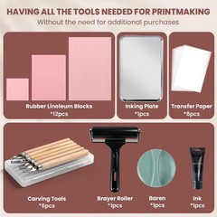 Linocut Printmaking Kit – 12Pcs Blocks, Brayer, Ink & Carving Tools for DIY Art