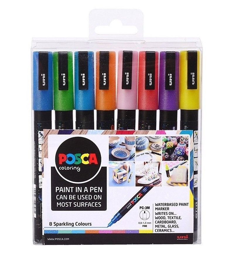 Uni POSCA Marker Pen PC-3M – Fine 1.5mm – Set of 8 Sparkling Glitter Colours
