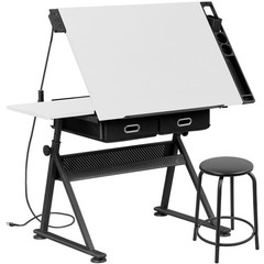 Adjustable Drafting Table for Artists – Drawing Table w/ Drawer & Outlet White