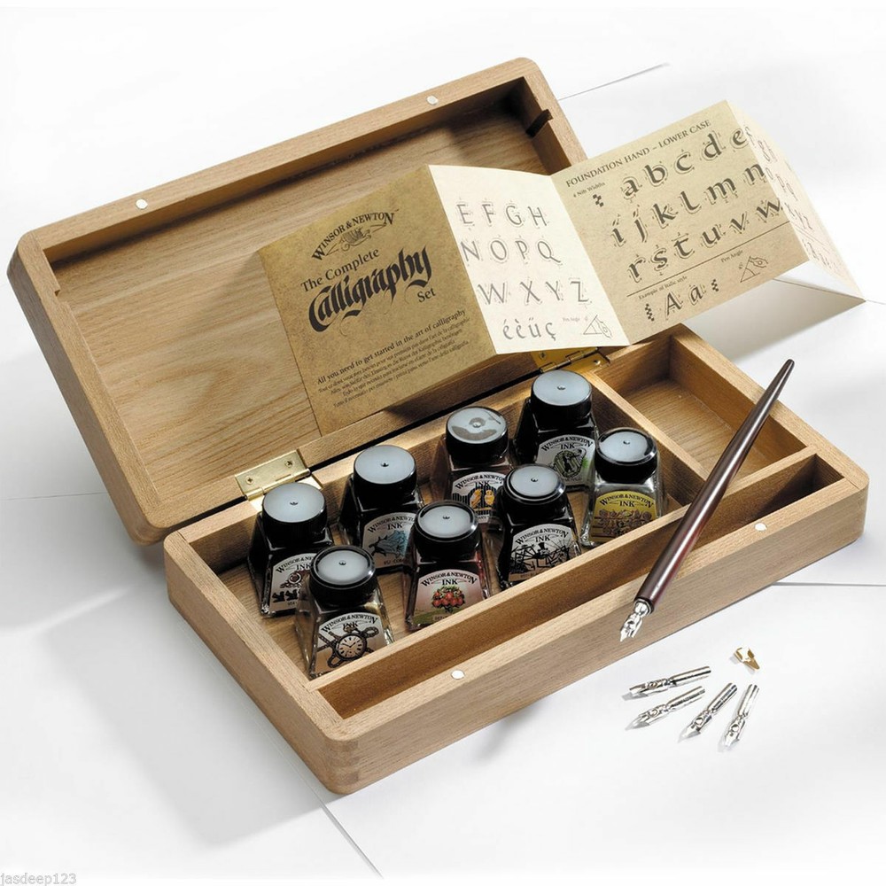 Winsor & Newton Calligraphy Wooden Box Set Inks Dip Pen Nibs Artist Drawing