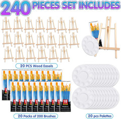 240 PCS Professional Painting Set with 20 PCS Wood Easels,20 Packs of 200 Brushe