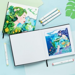Sketchbook with marker pens, 210mm x 210mm, 60 sheets/120 pages, black cover.