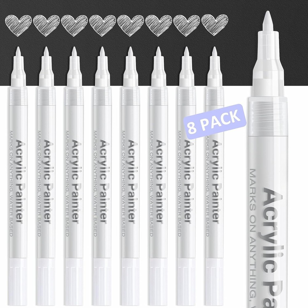 AKARUED White Paint Pen Acrylic Marker: 8 Pack 0.7mm White Paint Marker for