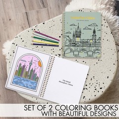 Adult Coloring Book Set of 2 Adventures Landmarks Scenery Wanderlust Journeys