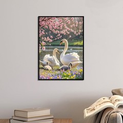 Diamond Painting Kit Full Diamond Circular Art Featuring Flowers and Swans, 5D Q