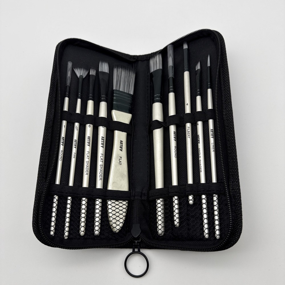 Artify Artist Paint Brush Set w/ Zipper Case Travel Kit Mixed Media Acrylic Used