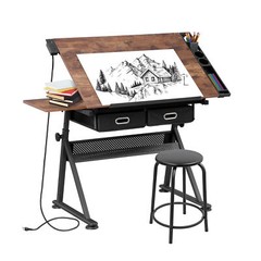 Adjustable Drafting Table with Stool Drawing Desk Artist Table with Outlet Retro
