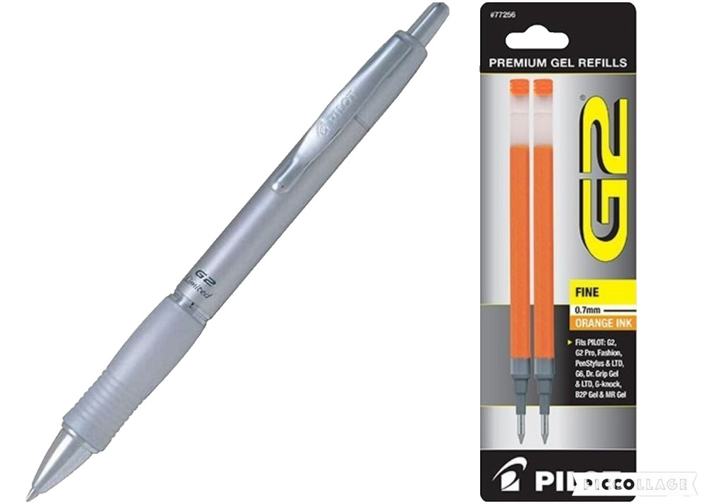 Pilot G2 Limited Metal Gel Pen 0.7mm Silver Barrel Orange Refills Office School