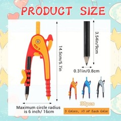 30 Pcs Math Geometry Compass Bulk, 6 Inch Plastic Drawing Compass with Pencils