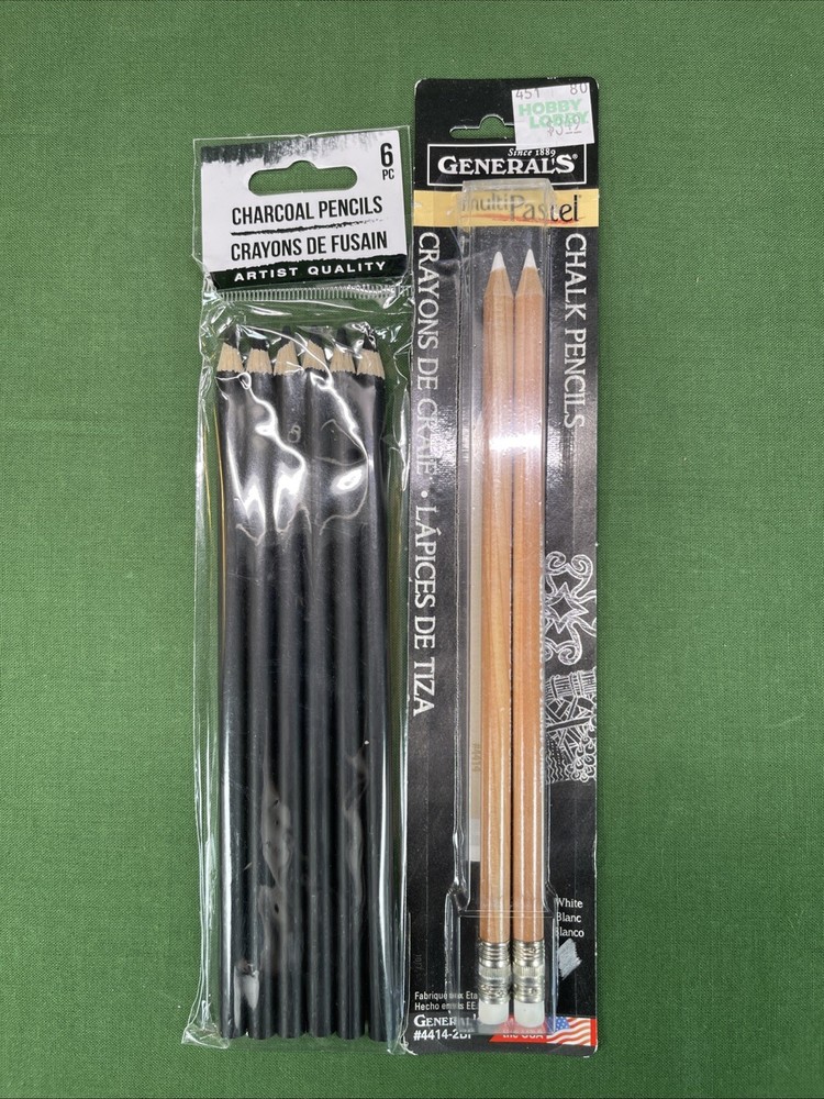 General’s White Pastel Chalk Pencils 2 pk & Black Charcoal Pencils 6 pk NOS