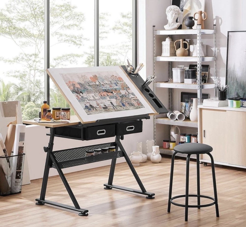 Adjustable Drawing Table with Storage Drawers, Art Organizer, Stool, 39″ x 23.6″