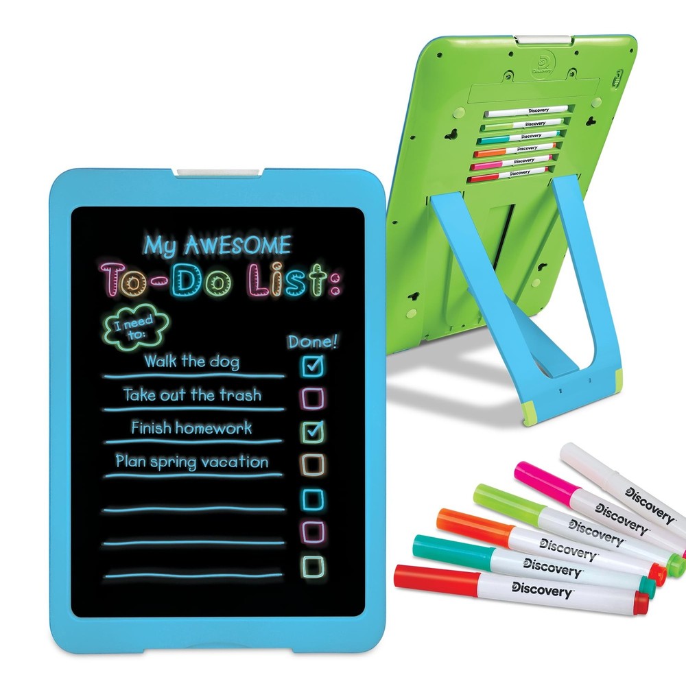 Discovery Neon Glow Drawing Easel w/ 6 Color Markers, Built-in Kickstand/Wall…