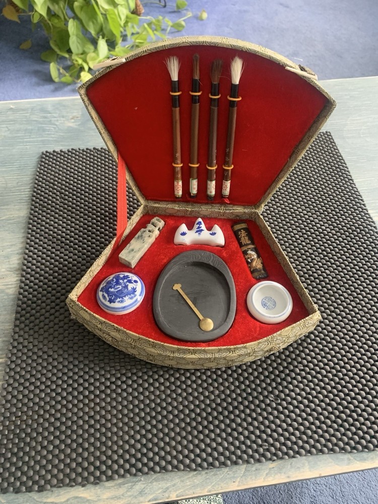 Chinese Calligraphy Set Brushes Ink Stone Ink Stick Brush Rest Decorative Box