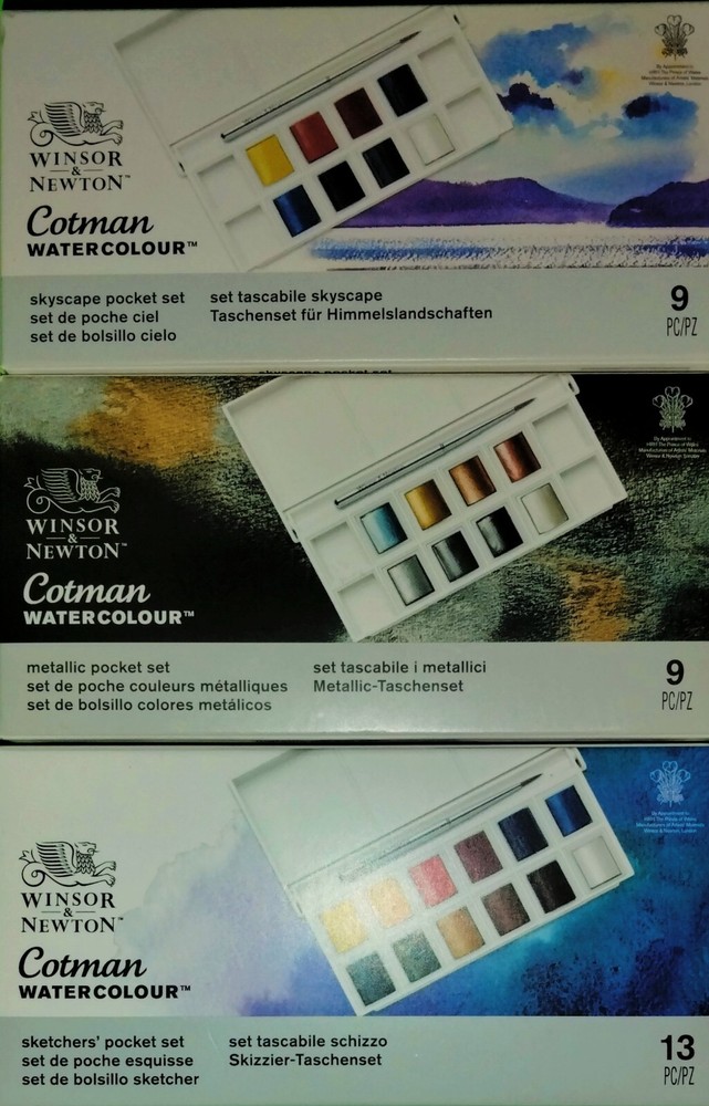 (3) WINSOR & NEWTON COTMAN WATERCOLOUR 9+ CT. POCKET SETS~BID@$23.88~GOOD LORD!