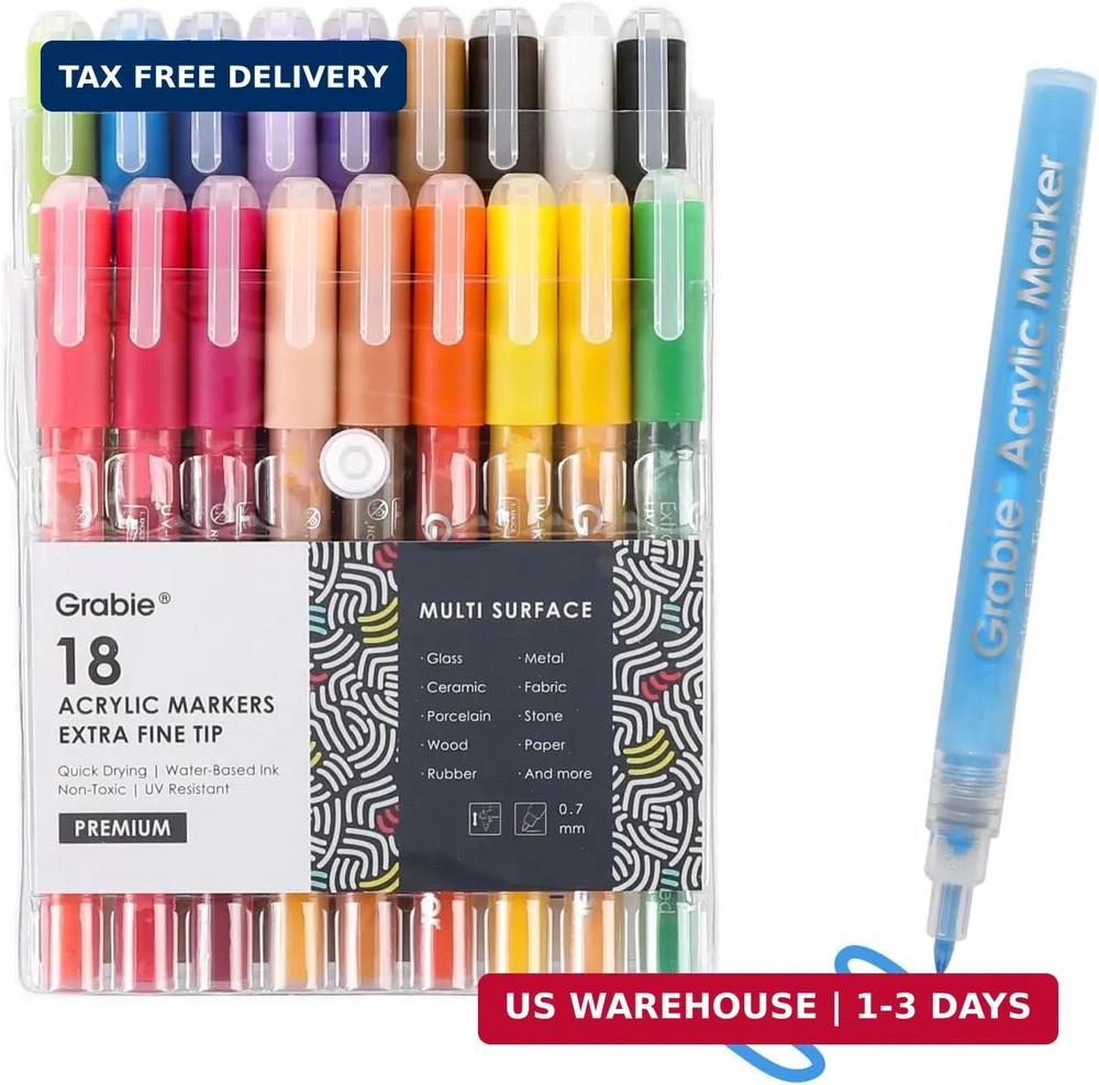 Grabie Acrylic Paint Pens Markers, 18 Colors, 0.7 mm, Extra Fine Tip Drawing Mar