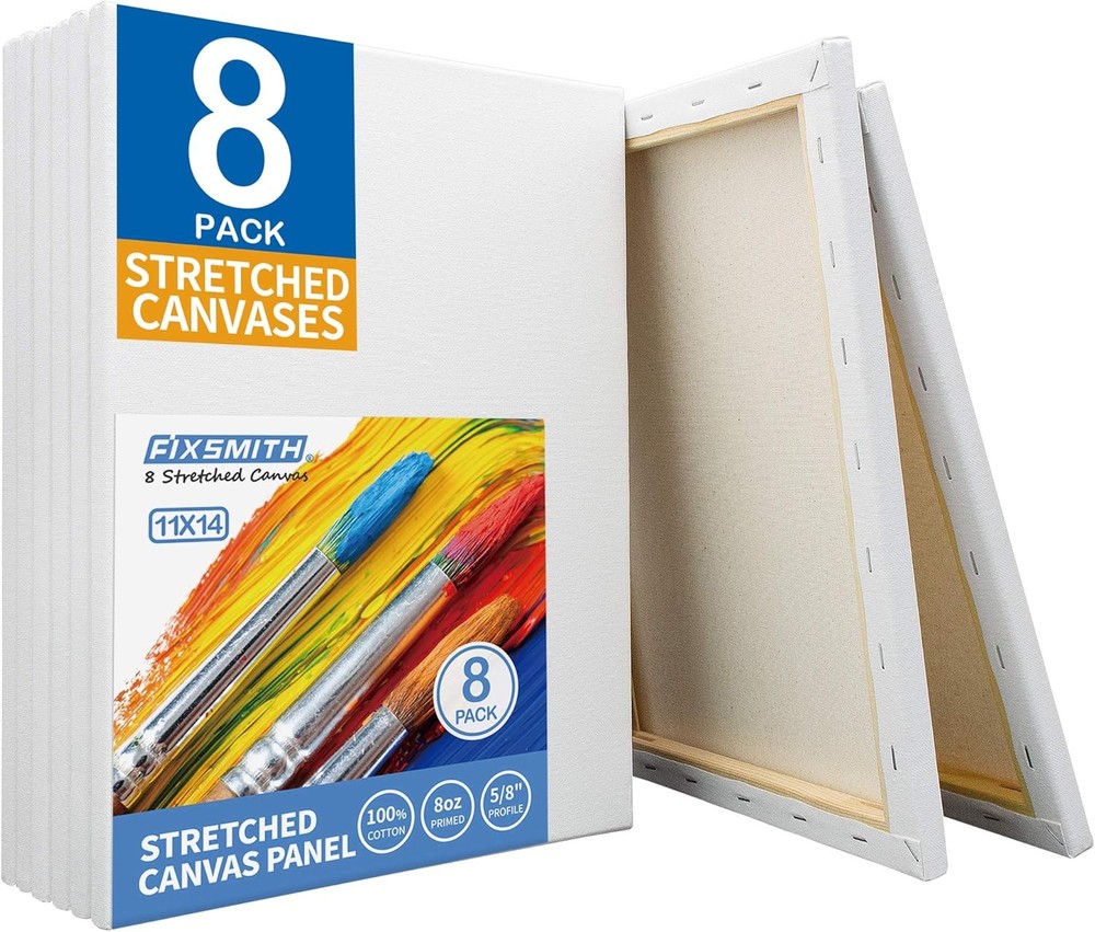 FIXSMITH Canvas 11×14 8 Pack Stretched White Cotton Primed Painting Acrylic Oil