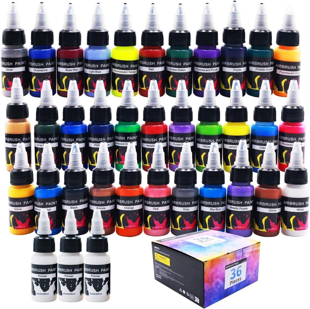 33 Vibrant Colors Airbrush Paint Set 36 Bottles of Acrylic Paint for Models C…