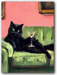 Black Cat w Martini on Couch Hard Day at Work 5D Diamond Drill Dot Art Kitten !!