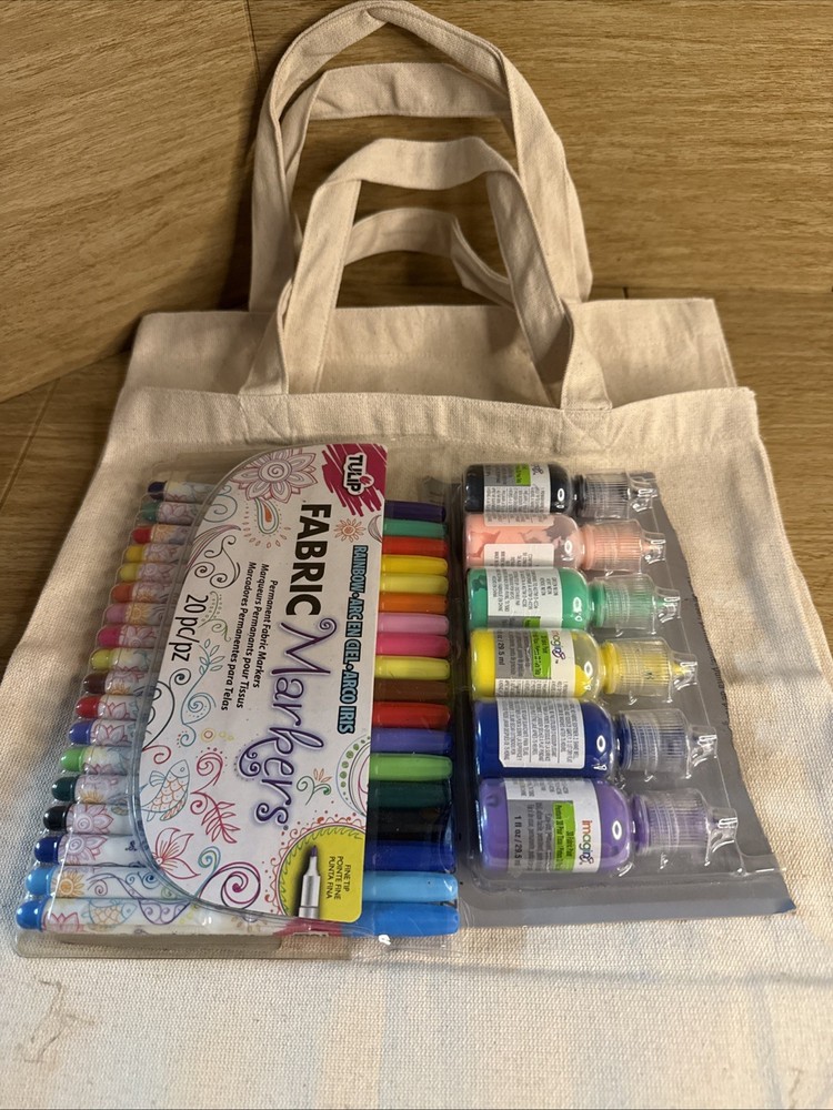 Tulip Fabric Markers Multi-Colored Fine Tip Markers, Paint, And Two Canvas Totes