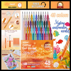 48 Pack Jumbo Glitter Gel Pens – 1.0mm Fine Tip, Sparkly Metallic Ink for Crafti