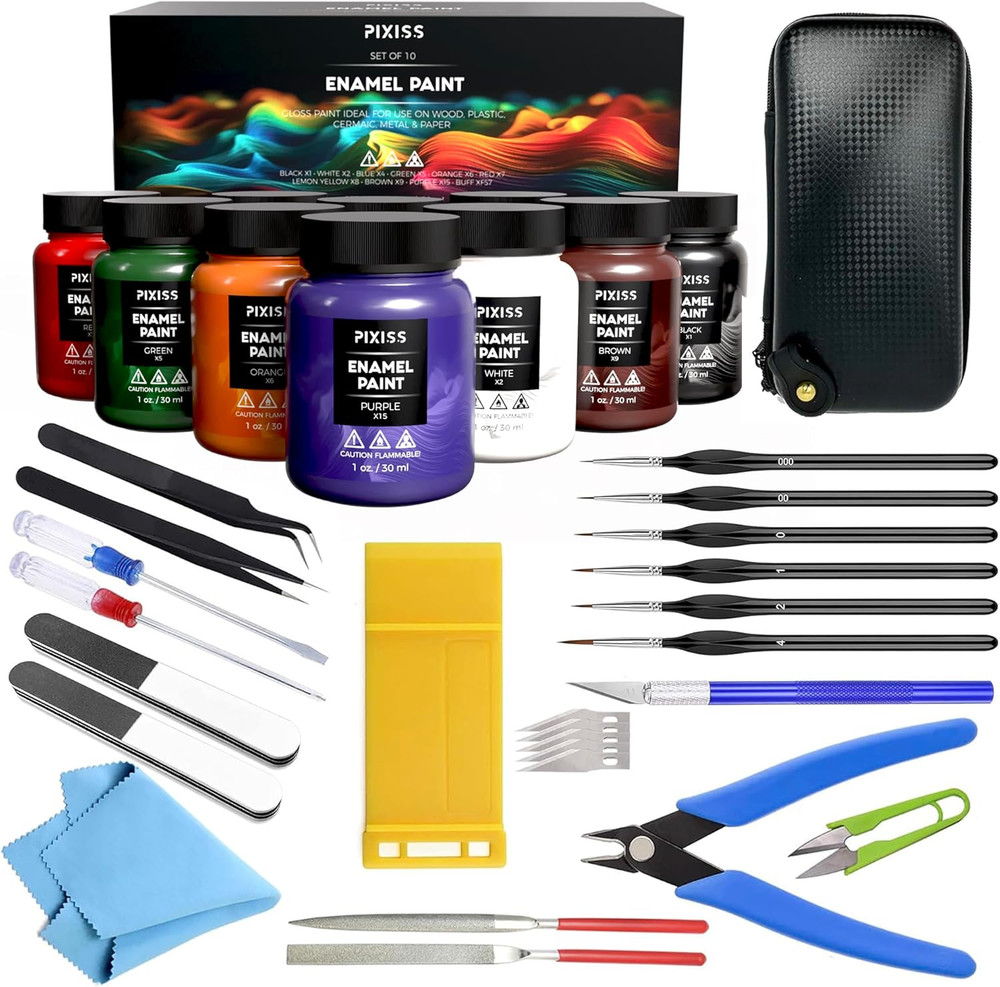 Enamel Paints Gloss Set with Model Building Kit and 6 Brushes – Complete Hobbyis